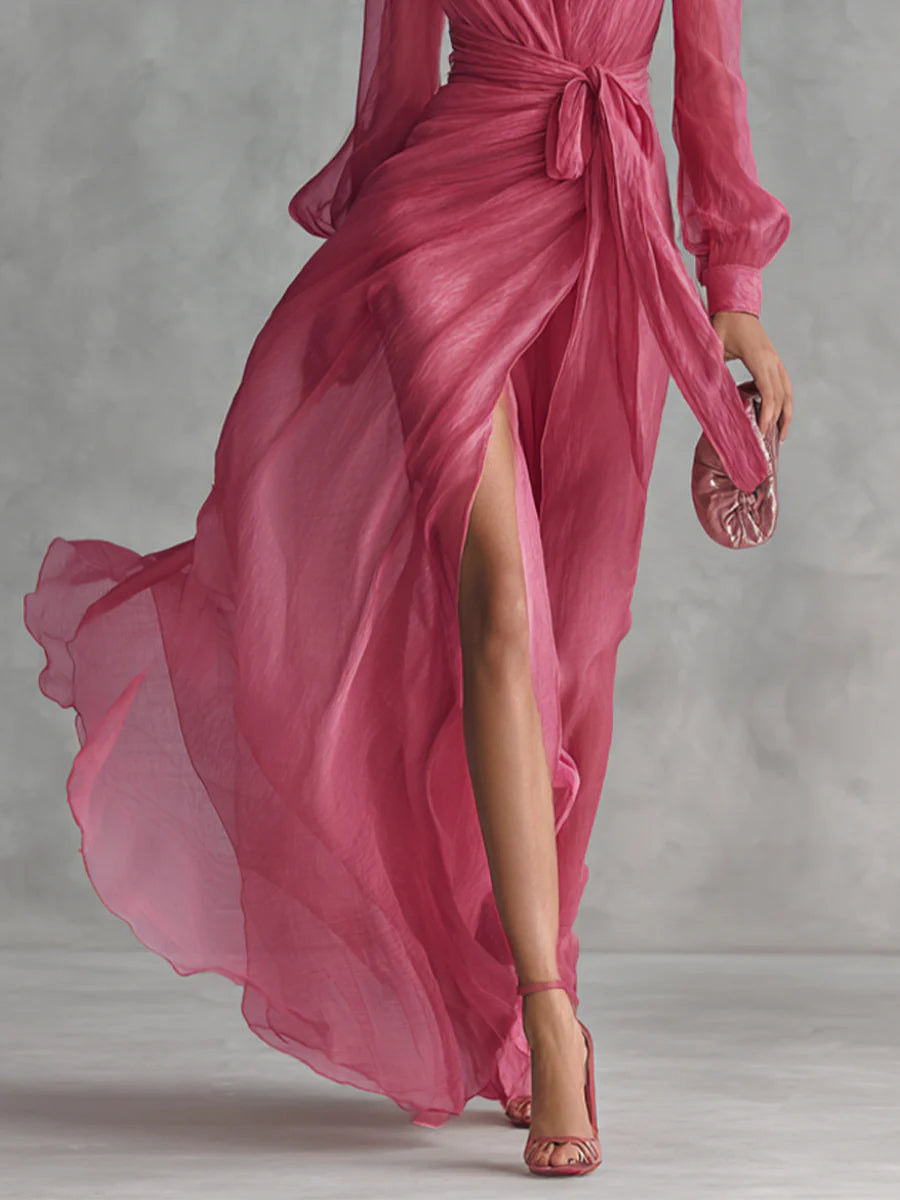 Elegant Pink Chiffon Maxi Dress for Women with V Neck Bishop Sleeve Wrap Tie Waist High Slit Flowing Style