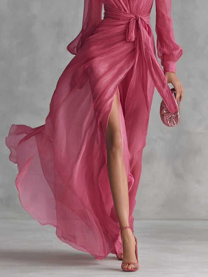 Elegant Pink Chiffon Maxi Dress for Women with V Neck Bishop Sleeve Wrap Tie Waist High Slit Flowing Style