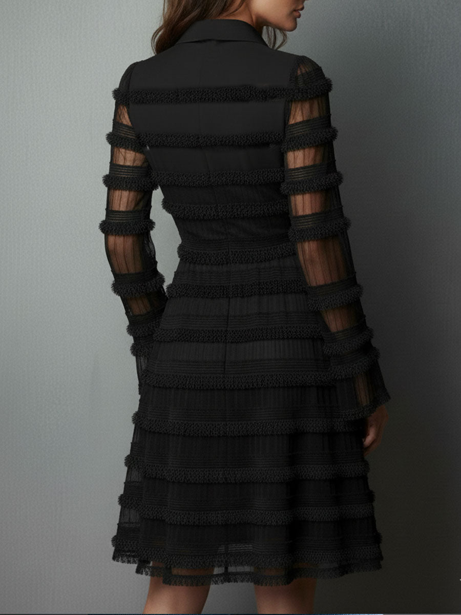 Elegant Black Fringe Mini Dress for Women with Collar V Neck Bell Sleeve Fit and Flare Style