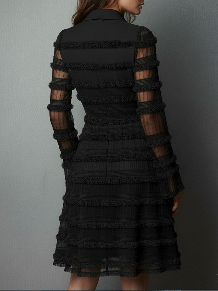 Elegant Black Fringe Mini Dress for Women with Collar V Neck Bell Sleeve Fit and Flare Style