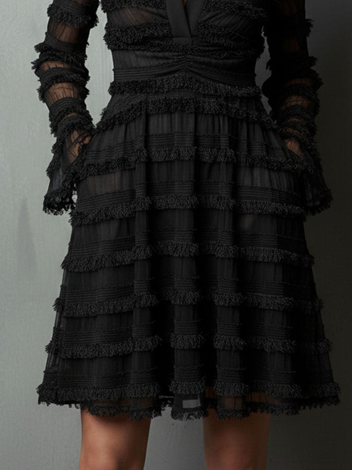 Elegant Black Fringe Mini Dress for Women with Collar V Neck Bell Sleeve Fit and Flare Style