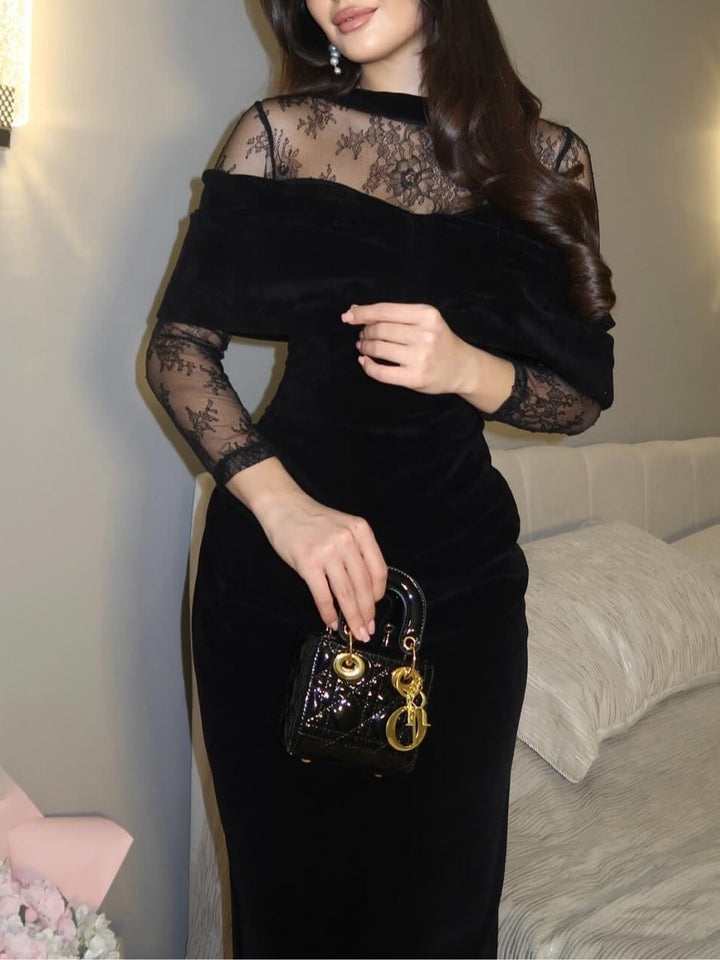 Elegant Black Velvet Maxi Dress for Women with High Neck Lace Long Sleeve Ruched Column Formal Wedding Guest Style
