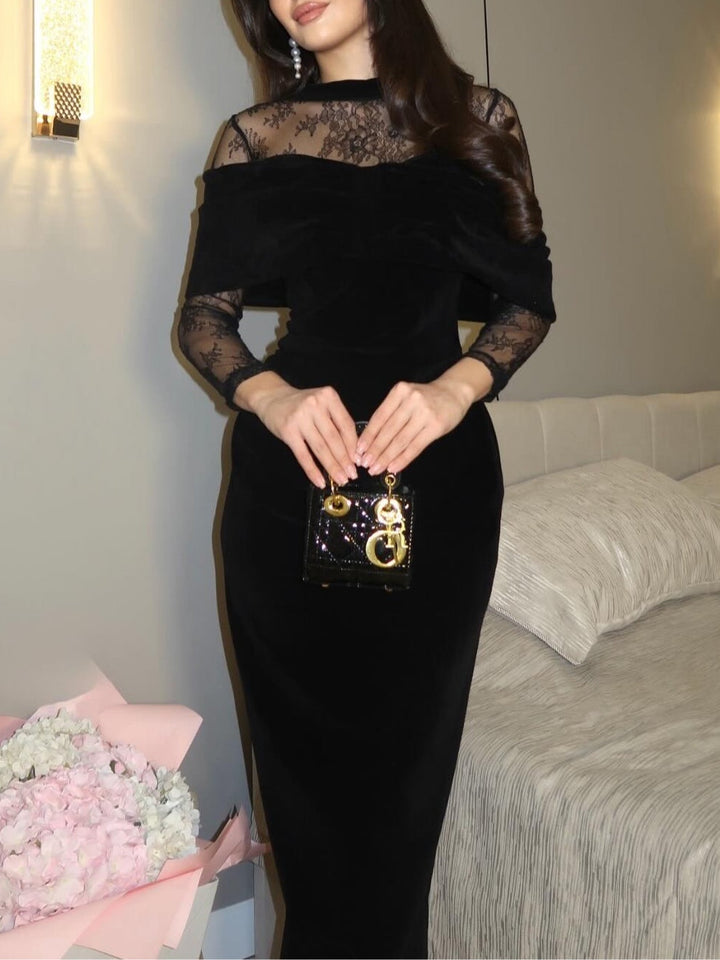 Elegant Black Velvet Maxi Dress for Women with High Neck Lace Long Sleeve Ruched Column Formal Wedding Guest Style