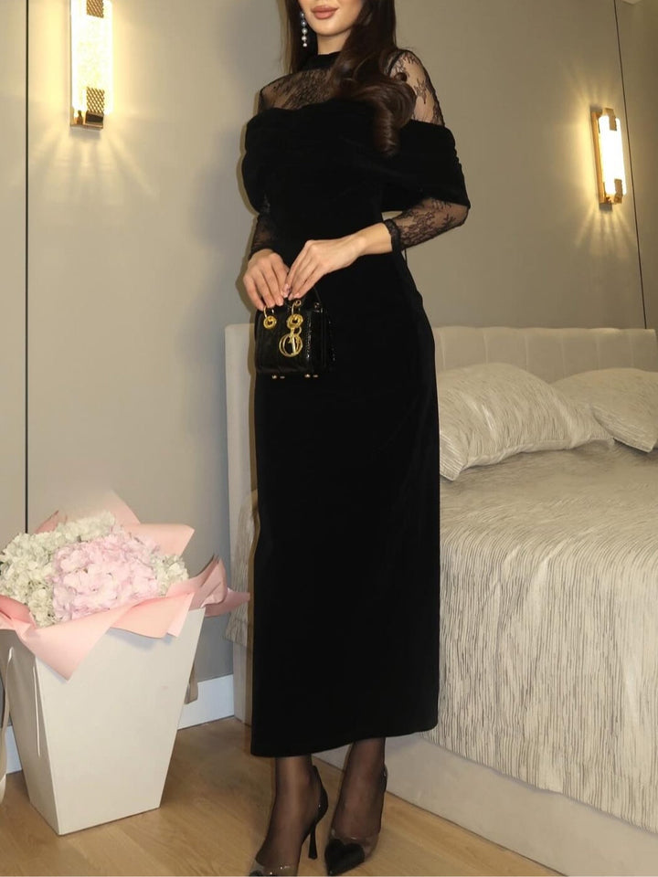 Elegant Black Velvet Maxi Dress for Women with High Neck Lace Long Sleeve Ruched Column Formal Wedding Guest Style