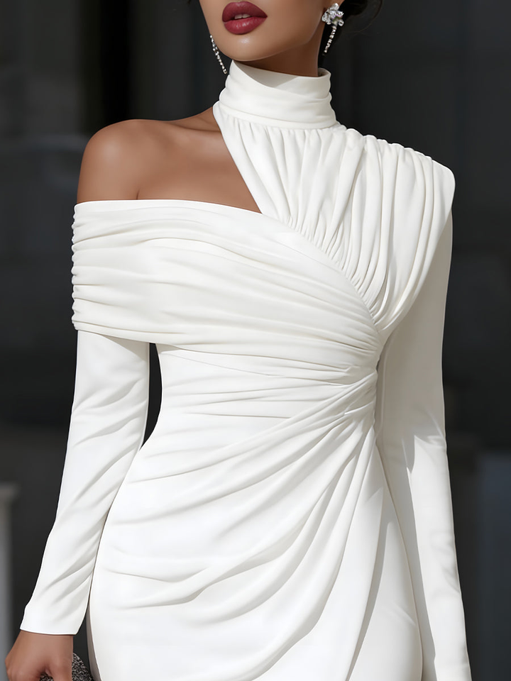 Elegant White Ruched Midi Dress for Women with Halter Neck Long Sleeve Off Shoulder Bodycon Cocktail Style