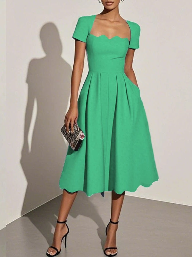 Elegant Black Midi Dress for Women with Scalloped Sweetheart Neckline Short Sleeve Fit and Flare Cocktail Style