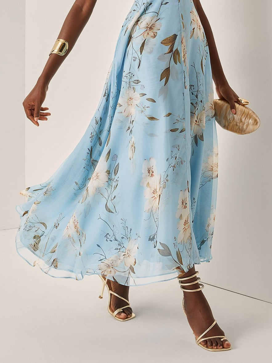 Elegant Light Blue Floral Maxi Dress for Women with One Shoulder Ruched Flowing Formal Wedding Guest Style