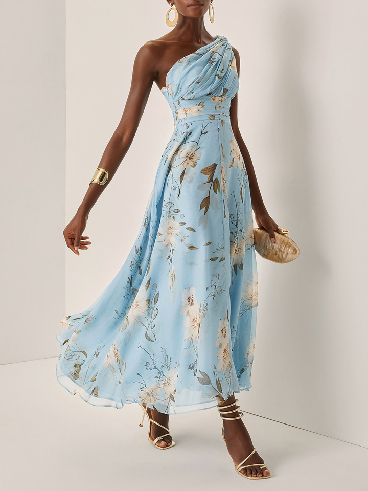 Elegant Light Blue Floral Maxi Dress for Women with One Shoulder Ruched Flowing Formal Wedding Guest Style