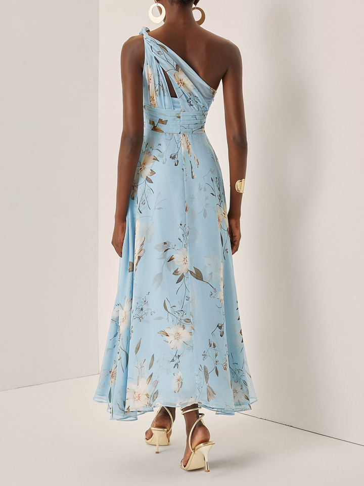 Elegant Light Blue Floral Maxi Dress for Women with One Shoulder Ruched Flowing Formal Wedding Guest Style
