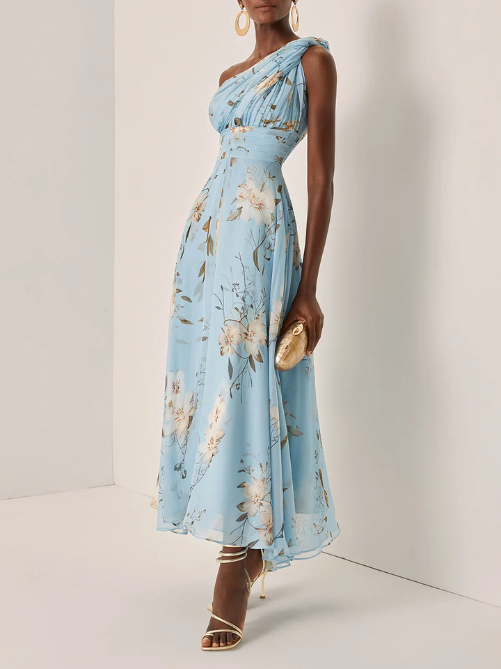 Elegant Light Blue Floral Maxi Dress for Women with One Shoulder Ruched Flowing Formal Wedding Guest Style