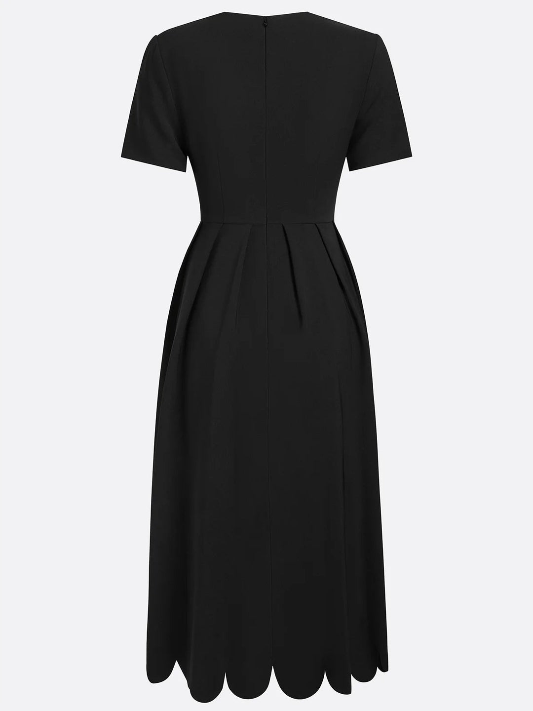 Elegant Black Midi Dress for Women with Scalloped Sweetheart Neckline Short Sleeve Fit and Flare Cocktail Style