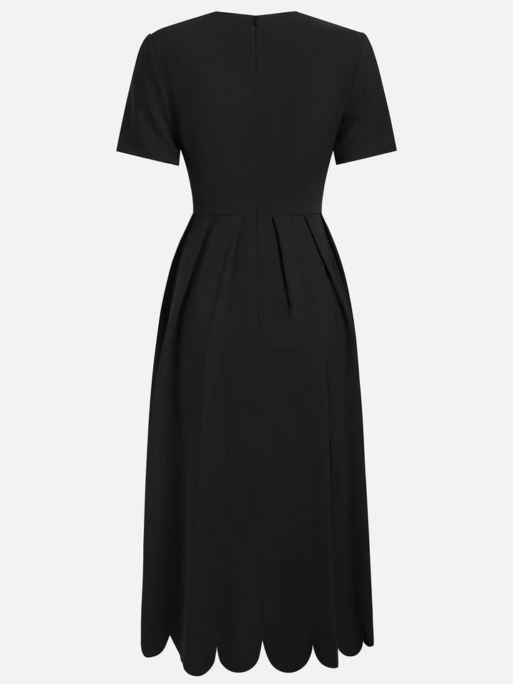 Elegant Black Midi Dress for Women with Scalloped Sweetheart Neckline Short Sleeve Fit and Flare Cocktail Style