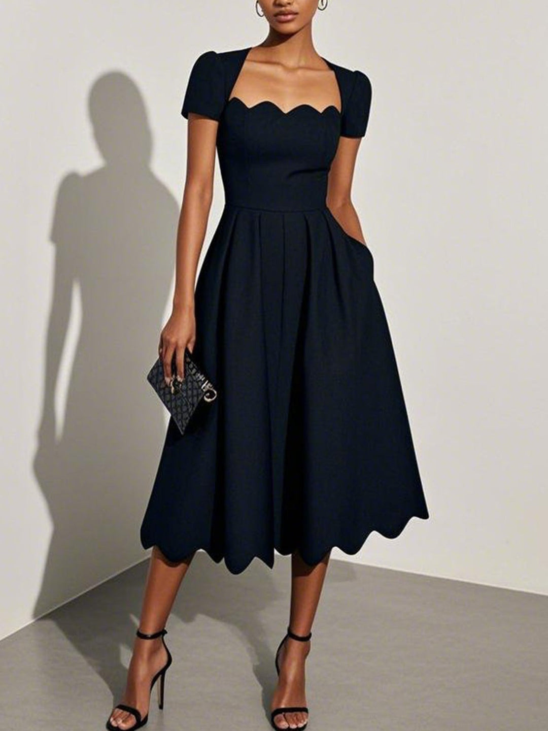 Elegant Black Midi Dress for Women with Scalloped Sweetheart Neckline Short Sleeve Fit and Flare Cocktail Style