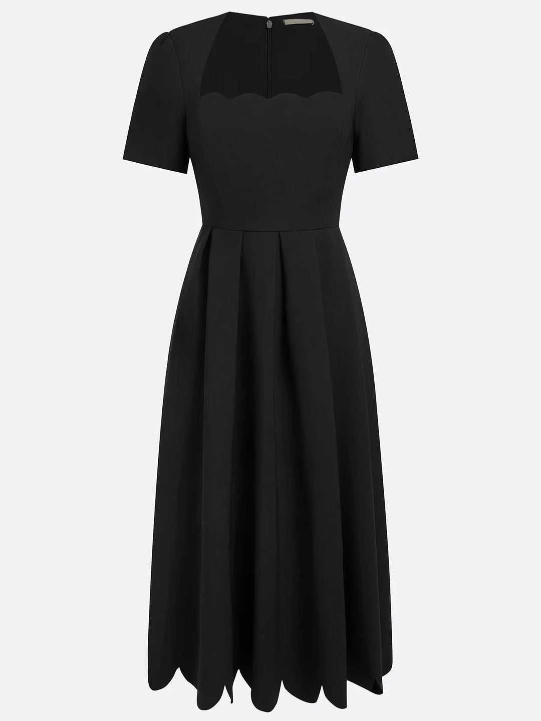 Elegant Black Midi Dress for Women with Scalloped Sweetheart Neckline Short Sleeve Fit and Flare Cocktail Style