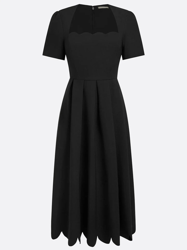 Elegant Black Midi Dress for Women with Scalloped Sweetheart Neckline Short Sleeve Fit and Flare Cocktail Style