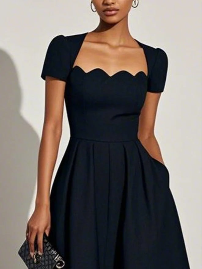 Elegant Black Midi Dress for Women with Scalloped Sweetheart Neckline Short Sleeve Fit and Flare Cocktail Style