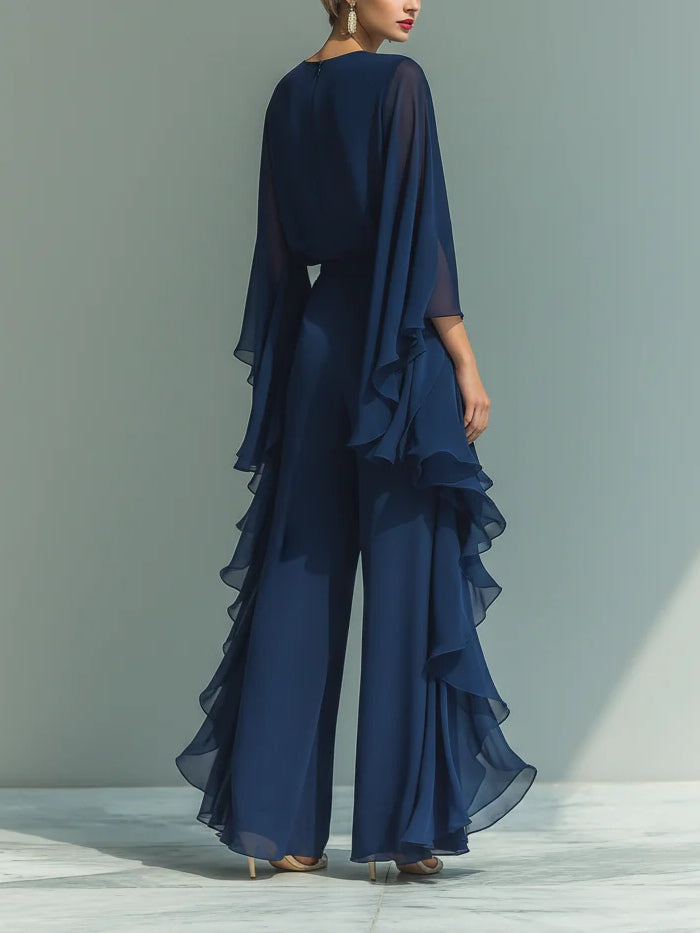 Elegant Navy Chiffon Maxi Dress for Women with Round Neck Cape Sleeve Ruffle Flowing Formal Wedding Guest Style