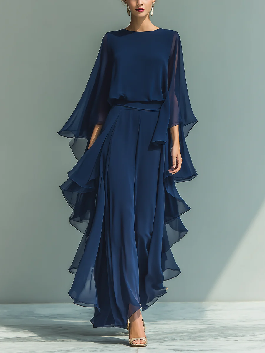Elegant Navy Chiffon Maxi Dress for Women with Round Neck Cape Sleeve Ruffle Flowing Formal Wedding Guest Style