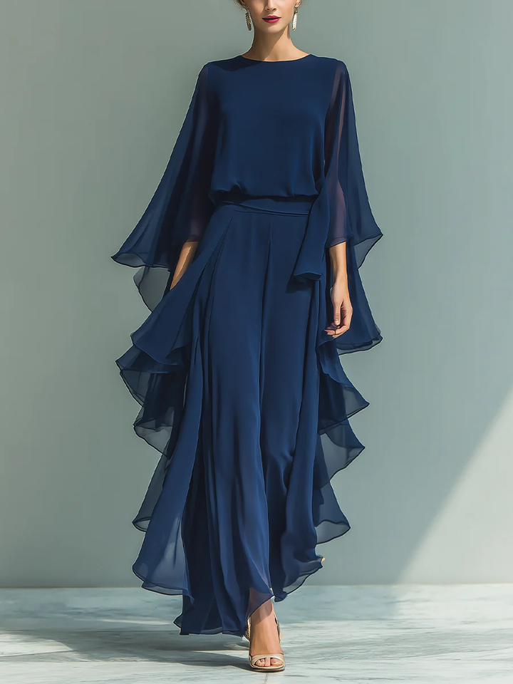 Elegant Navy Chiffon Maxi Dress for Women with Round Neck Cape Sleeve Ruffle Flowing Formal Wedding Guest Style