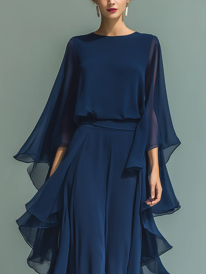 Elegant Navy Chiffon Maxi Dress for Women with Round Neck Cape Sleeve Ruffle Flowing Formal Wedding Guest Style