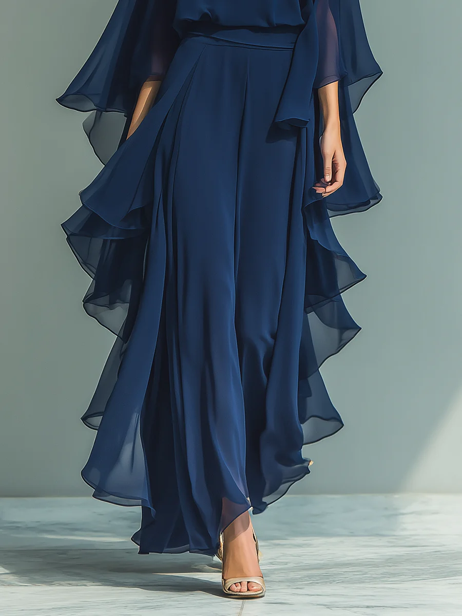 Elegant Navy Chiffon Maxi Dress for Women with Round Neck Cape Sleeve Ruffle Flowing Formal Wedding Guest Style
