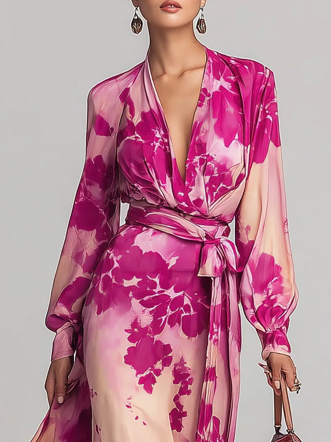 Effortless Rose Red Floral Maxi Dress for Women with V Neck Long Sleeve Wrap Tie Flowing Bohemian Style