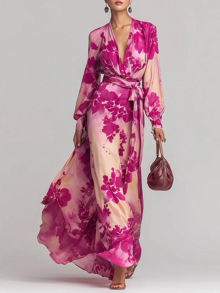 Effortless Rose Red Floral Maxi Dress for Women with V Neck Long Sleeve Wrap Tie Flowing Bohemian Style