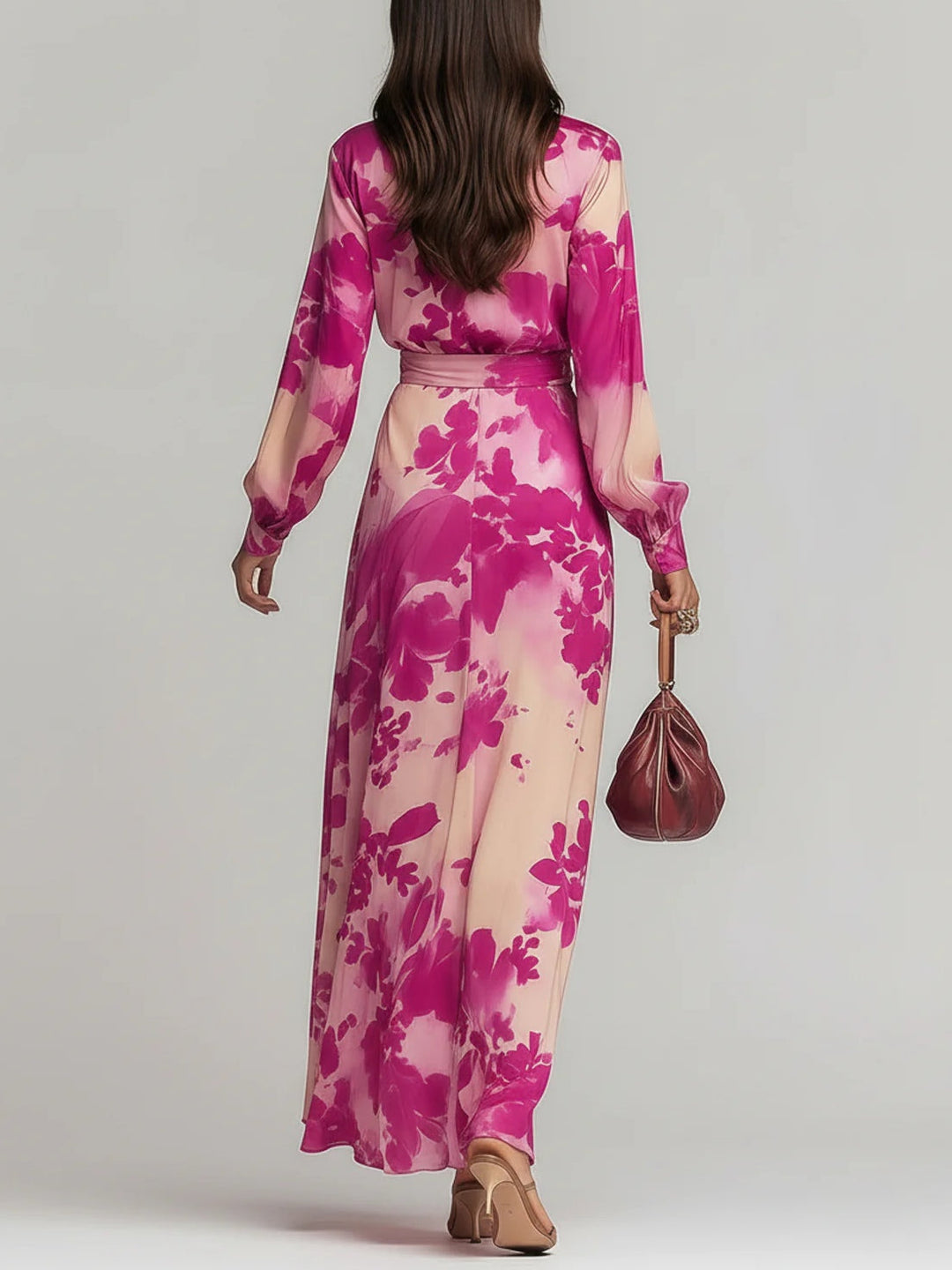 Effortless Rose Red Floral Maxi Dress for Women with V Neck Long Sleeve Wrap Tie Flowing Bohemian Style
