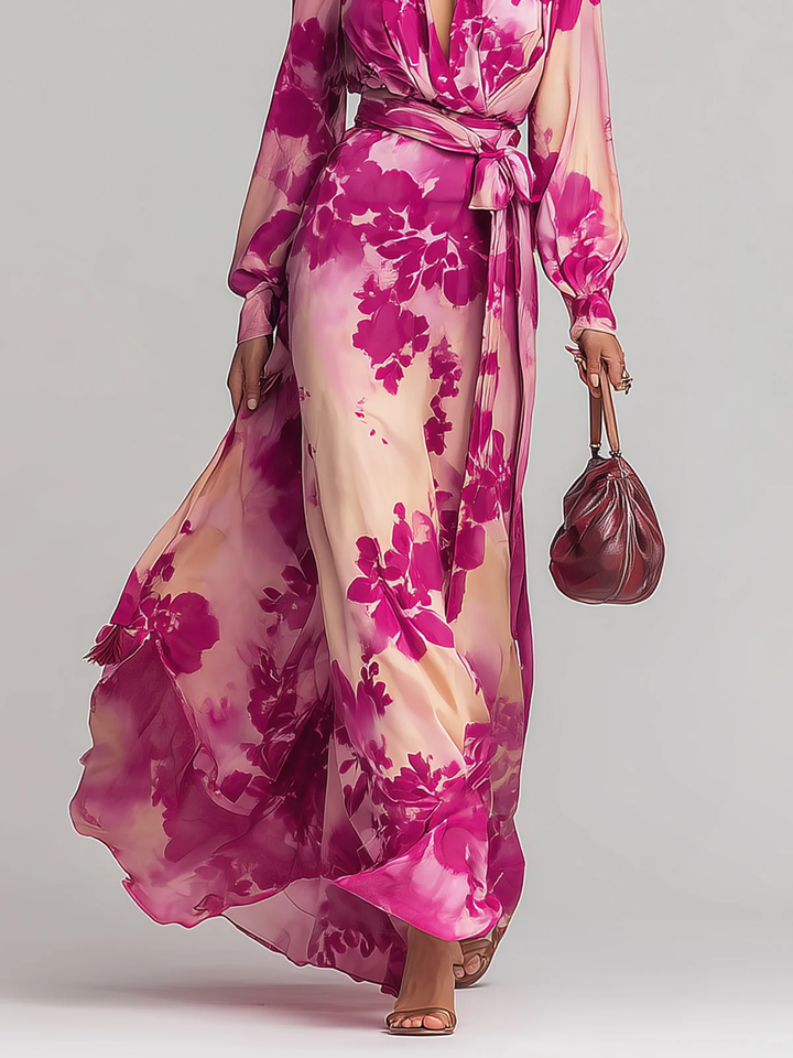 Effortless Rose Red Floral Maxi Dress for Women with V Neck Long Sleeve Wrap Tie Flowing Bohemian Style