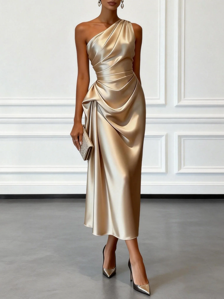 Elegant Satin Midi Dress for Women with One Shoulder Ruched Draped Sheath Formal Style