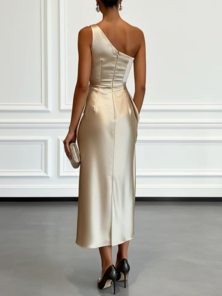 Elegant Satin Midi Dress for Women with One Shoulder Ruched Draped Sheath Formal Style