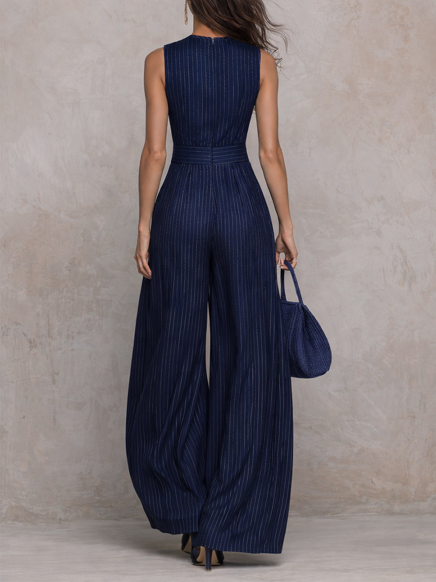 Elegant Dark Blue Pinstripe Jumpsuit for Women with High Neck Sleeveless Keyhole Wide Leg Flowing Style