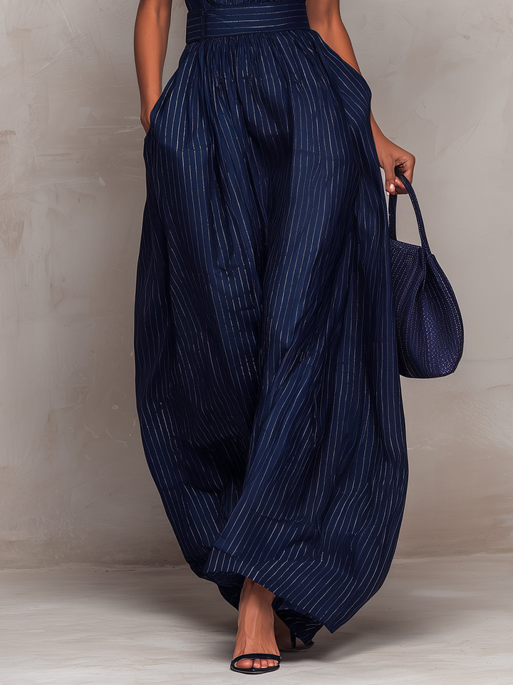 Elegant Dark Blue Pinstripe Jumpsuit for Women with High Neck Sleeveless Keyhole Wide Leg Flowing Style
