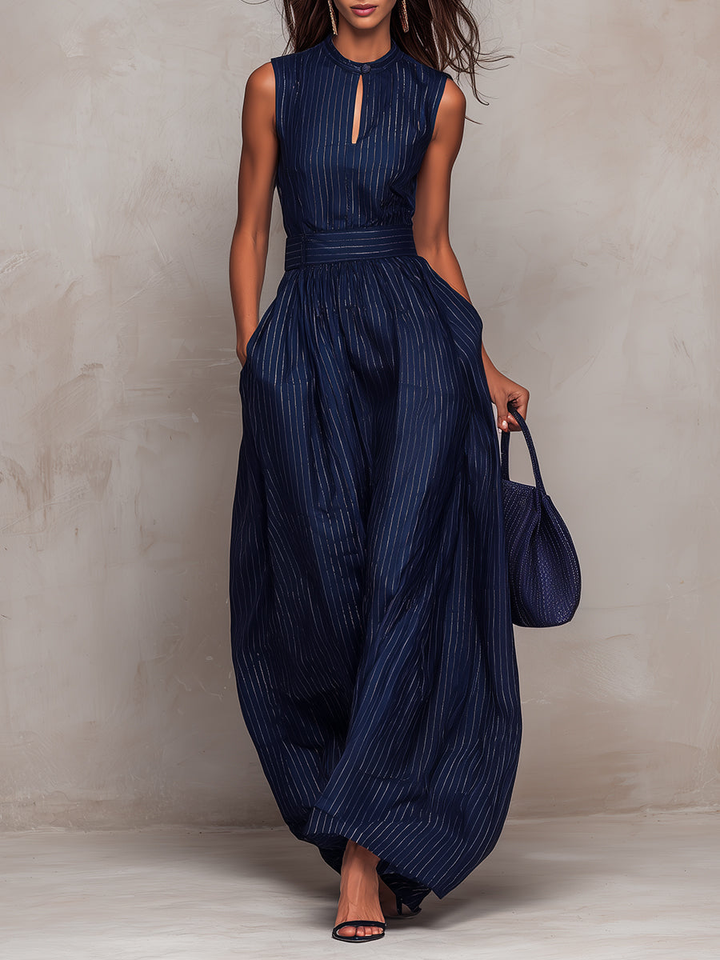 Elegant Dark Blue Pinstripe Jumpsuit for Women with High Neck Sleeveless Keyhole Wide Leg Flowing Style