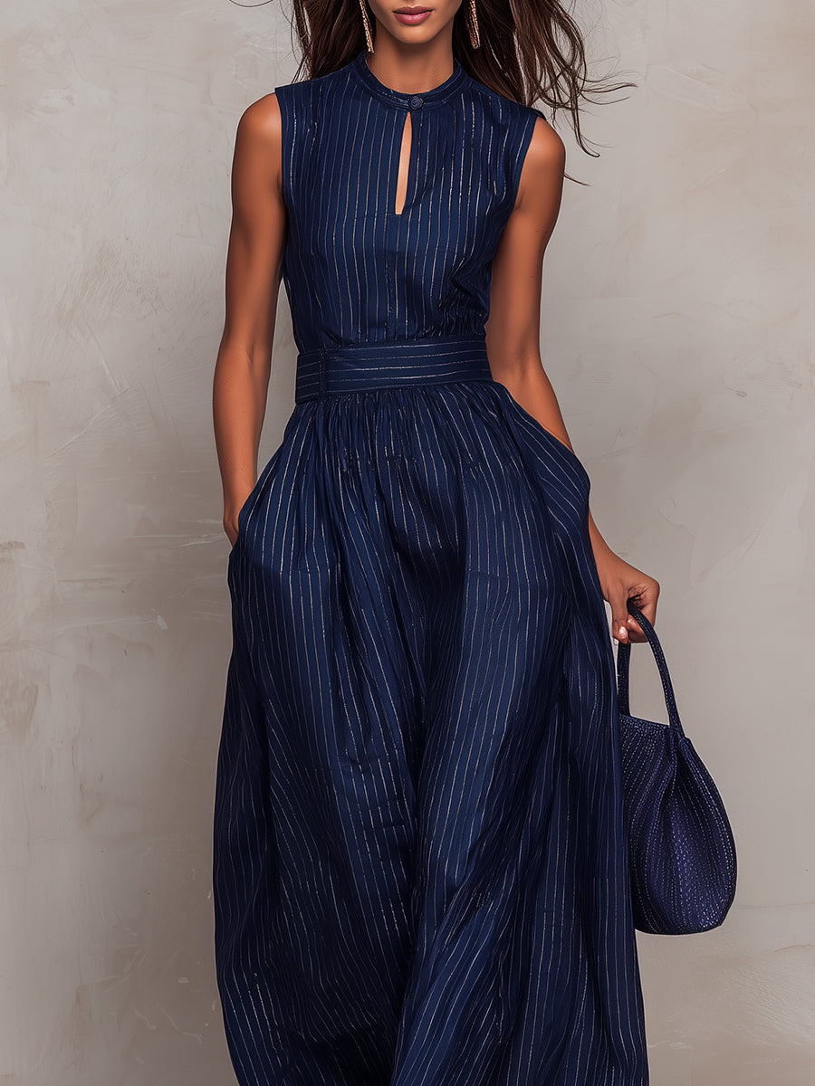 Elegant Dark Blue Pinstripe Jumpsuit for Women with High Neck Sleeveless Keyhole Wide Leg Flowing Style