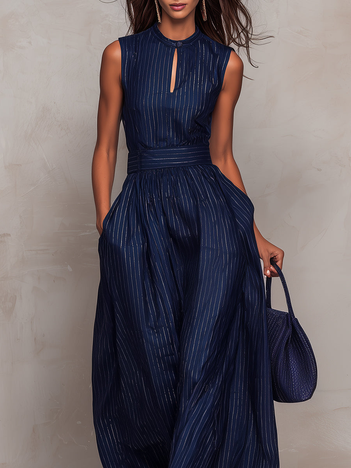 Elegant Dark Blue Pinstripe Jumpsuit for Women with High Neck Sleeveless Keyhole Wide Leg Flowing Style