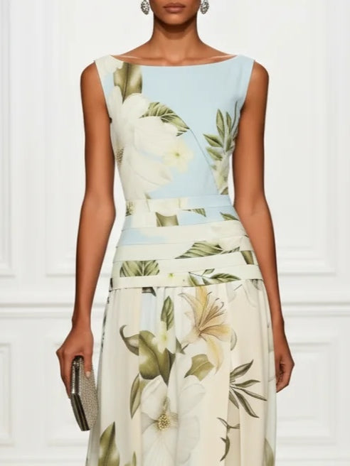 Elegant Blue Floral Maxi Dress for Women with Boat Neck Sleeveless Banded Waist Flowing Formal Wedding Guest Style
