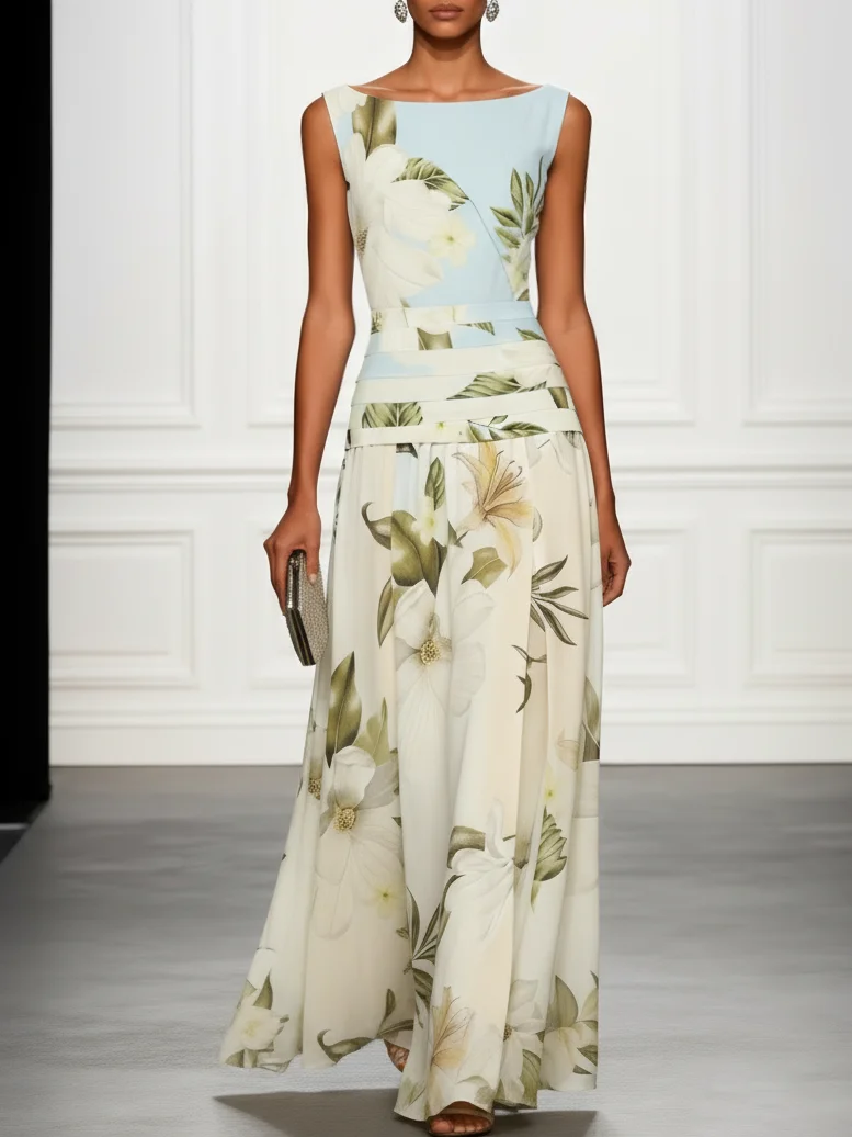 Elegant Blue Floral Maxi Dress for Women with Boat Neck Sleeveless Banded Waist Flowing Formal Wedding Guest Style