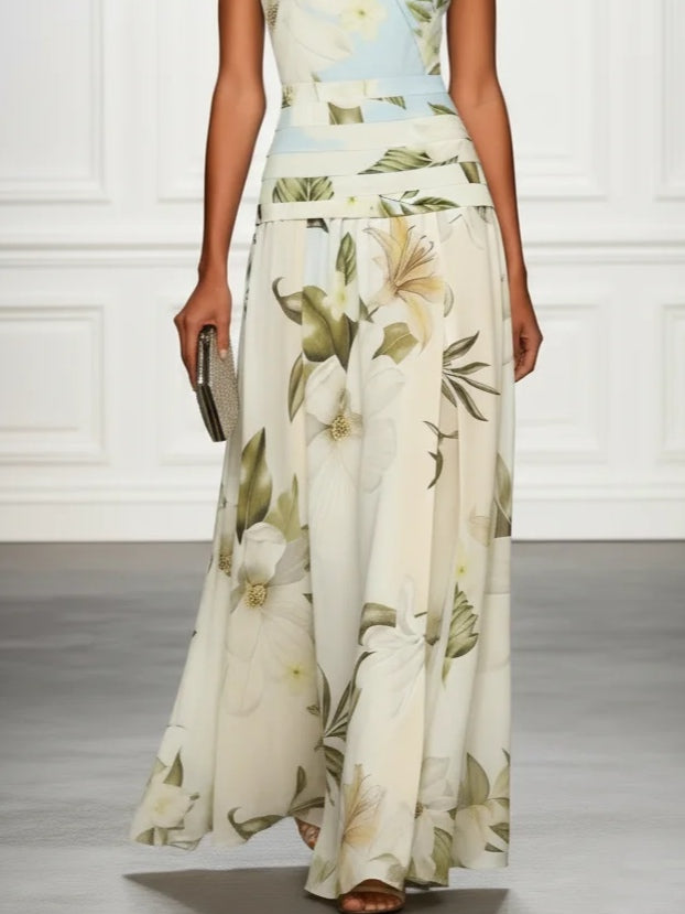 Elegant Blue Floral Maxi Dress for Women with Boat Neck Sleeveless Banded Waist Flowing Formal Wedding Guest Style
