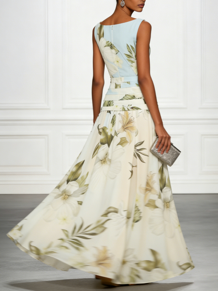 Elegant Blue Floral Maxi Dress for Women with Boat Neck Sleeveless Banded Waist Flowing Formal Wedding Guest Style