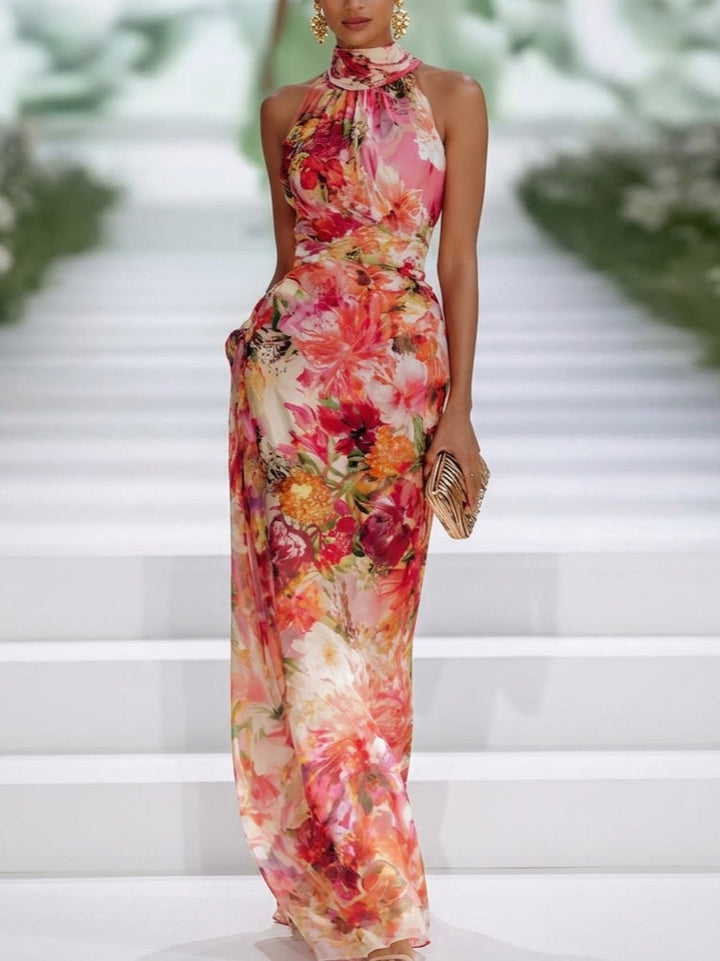Elegant Red Floral Maxi Dress for Women with High Neck Sleeveless Ruched Column Wedding Guest Style