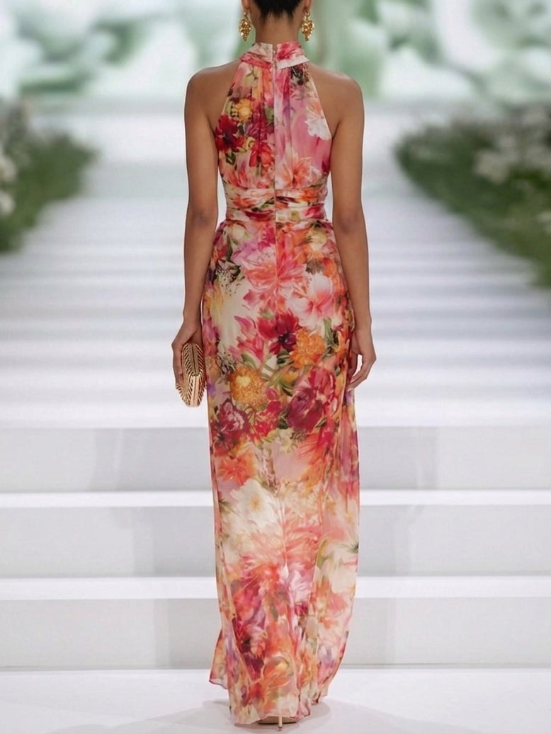 Elegant Red Floral Maxi Dress for Women with High Neck Sleeveless Ruched Column Wedding Guest Style