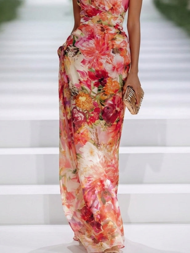 Elegant Red Floral Maxi Dress for Women with High Neck Sleeveless Ruched Column Wedding Guest Style