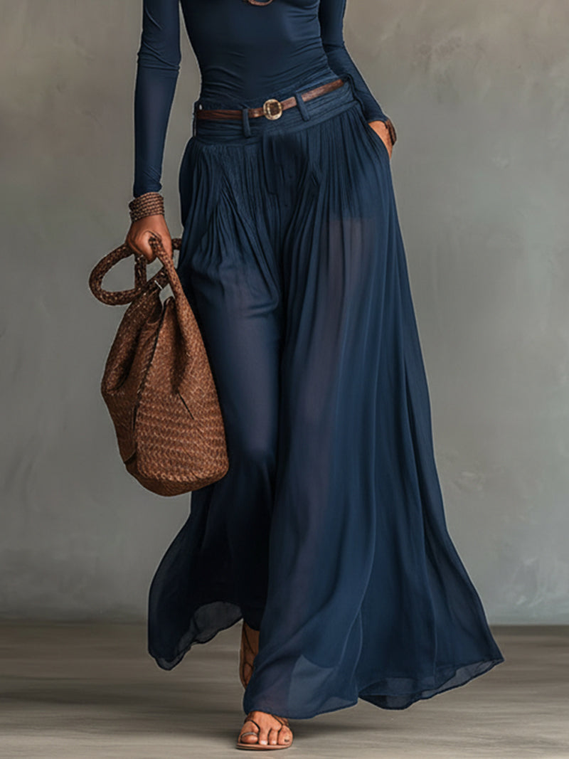 Effortless Navy Two Piece Set for Women with One Shoulder Long Sleeve Wide Leg Chiffon Flowing Style
