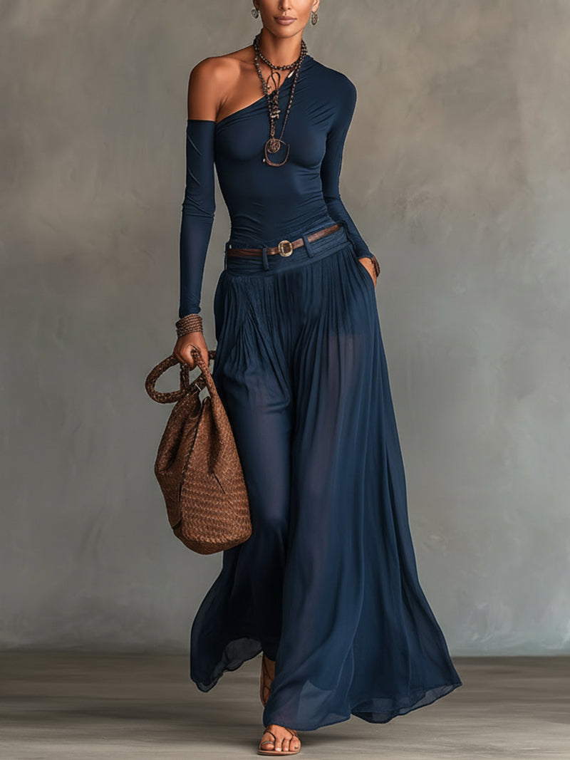 Effortless Navy Two Piece Set for Women with One Shoulder Long Sleeve Wide Leg Chiffon Flowing Style