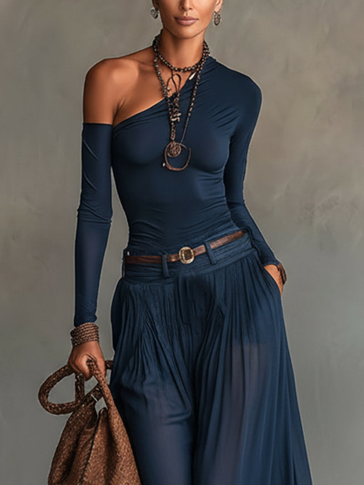 Effortless Navy Two Piece Set for Women with One Shoulder Long Sleeve Wide Leg Chiffon Flowing Style