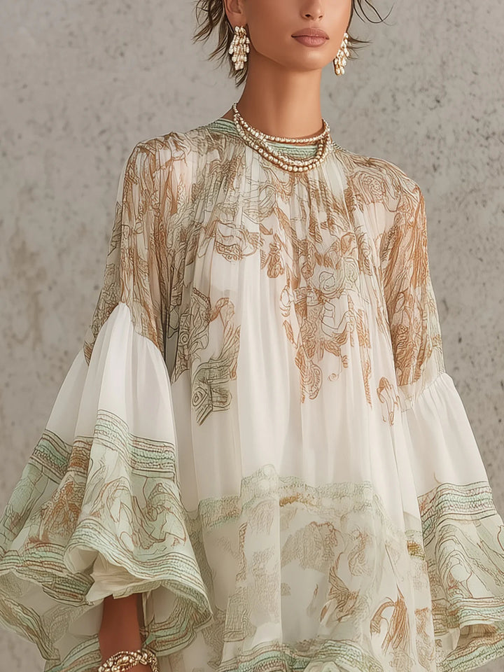 Elegant Green Printed Kaftan Mini Dress for Women with High Neck Bell Sleeve Ruffle Hem Flowing Bohemian Style