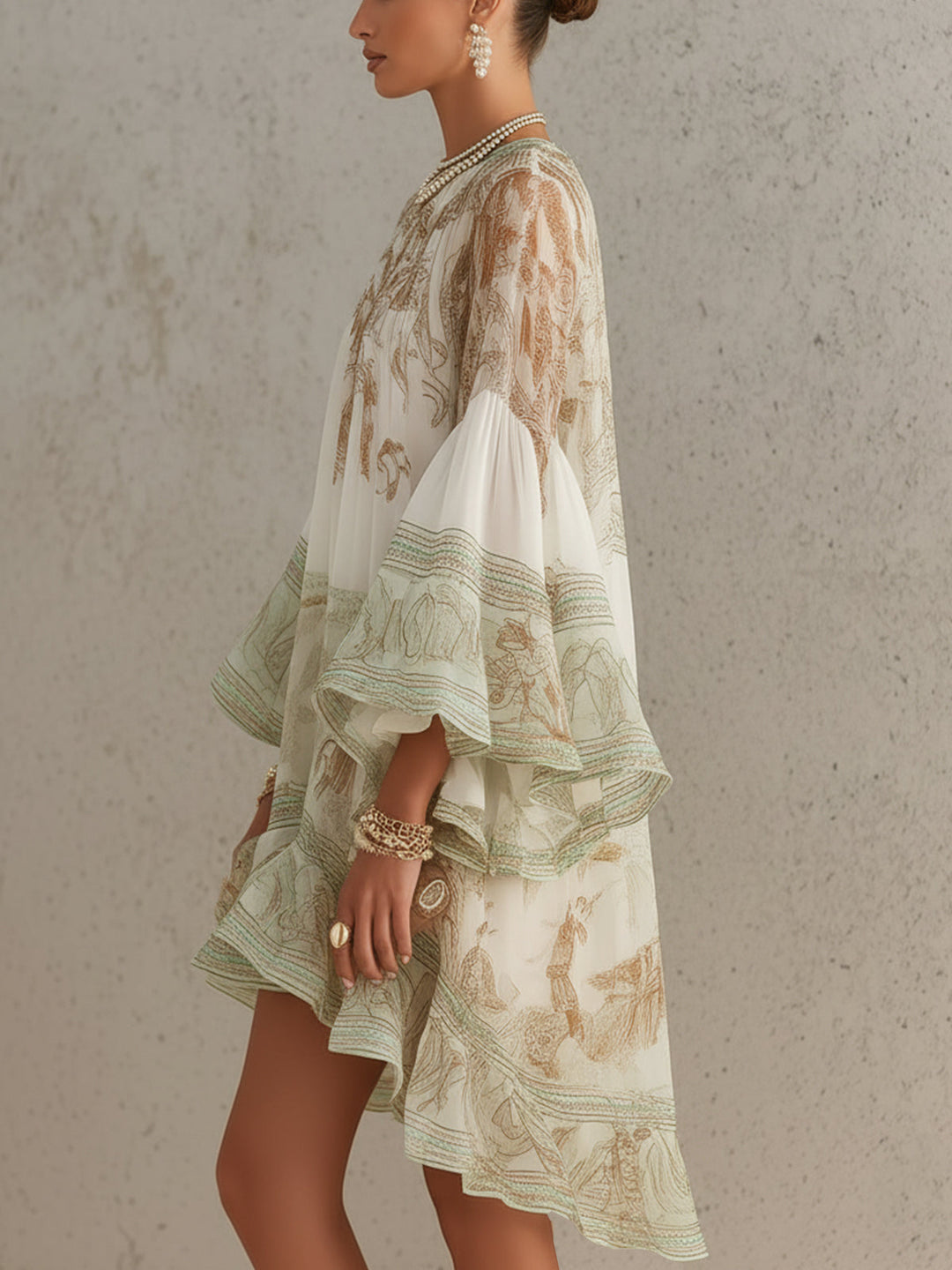 Elegant Green Printed Kaftan Mini Dress for Women with High Neck Bell Sleeve Ruffle Hem Flowing Bohemian Style