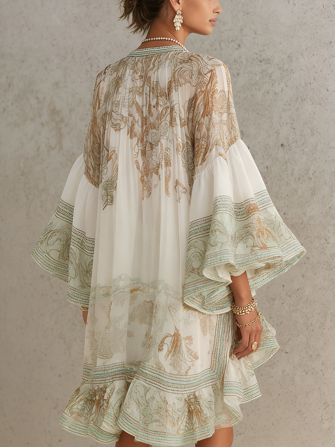 Elegant Green Printed Kaftan Mini Dress for Women with High Neck Bell Sleeve Ruffle Hem Flowing Bohemian Style