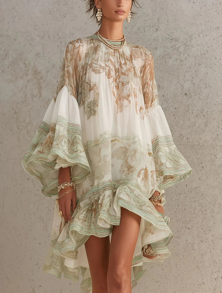 Elegant Green Printed Kaftan Mini Dress for Women with High Neck Bell Sleeve Ruffle Hem Flowing Bohemian Style